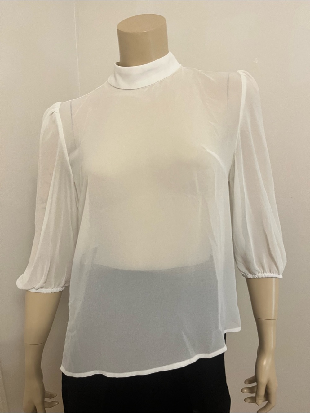 Sheer White Mock-Neck Puff Sleeve Blouse